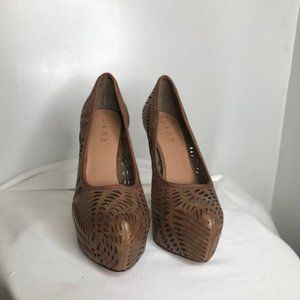 brown cut out leather lamb platform heel